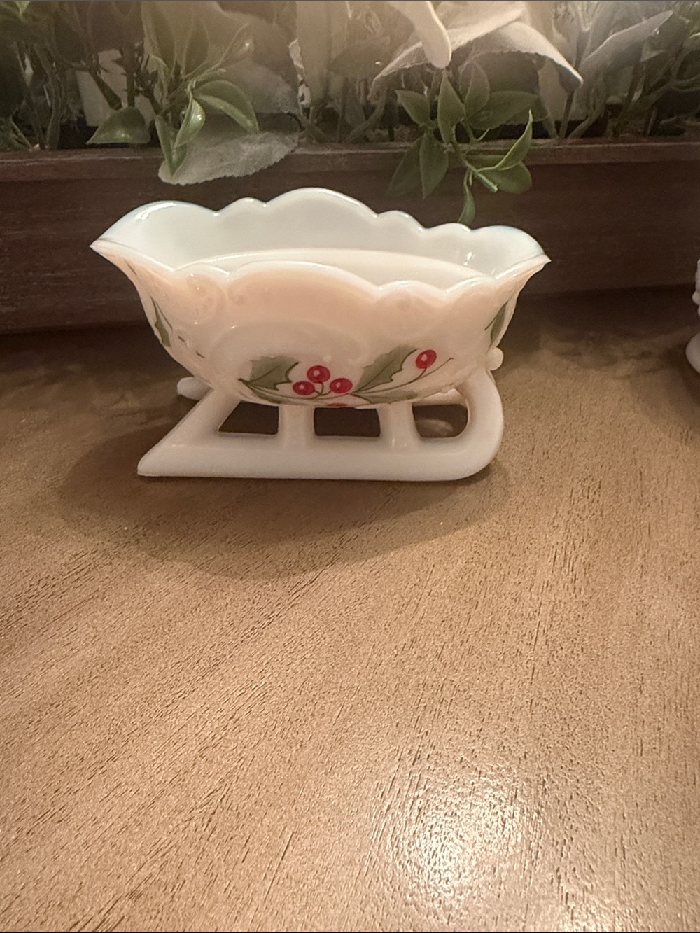 Westmoreland White Milk Glass Sleigh with Holly Red Berry Accents